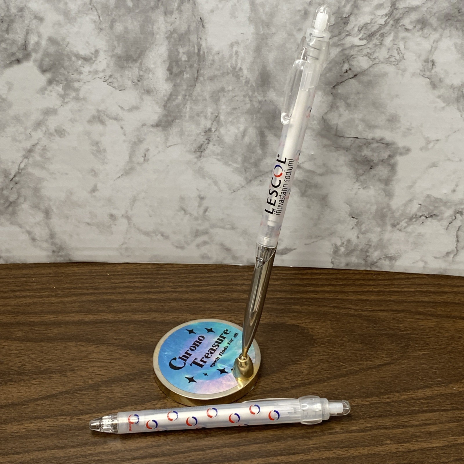 2 Vtg Pharmaceutical Advertising LESCOL Fluvastatin Drug Rep Click Pens WRITES