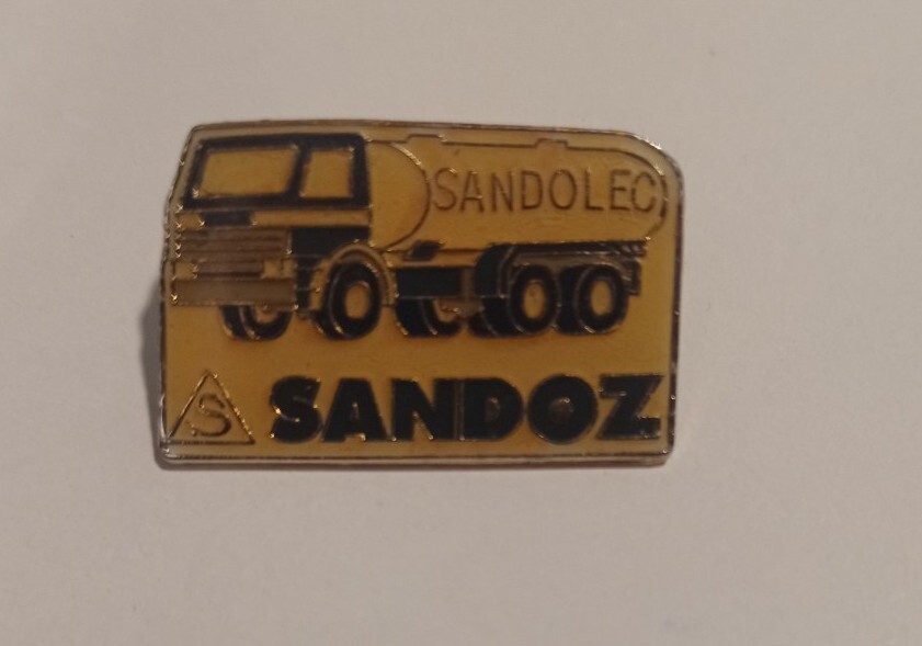SANDOZ Pharmaceutical Truck Transport Sandolec pin badge LSD Albert Hofmann rare