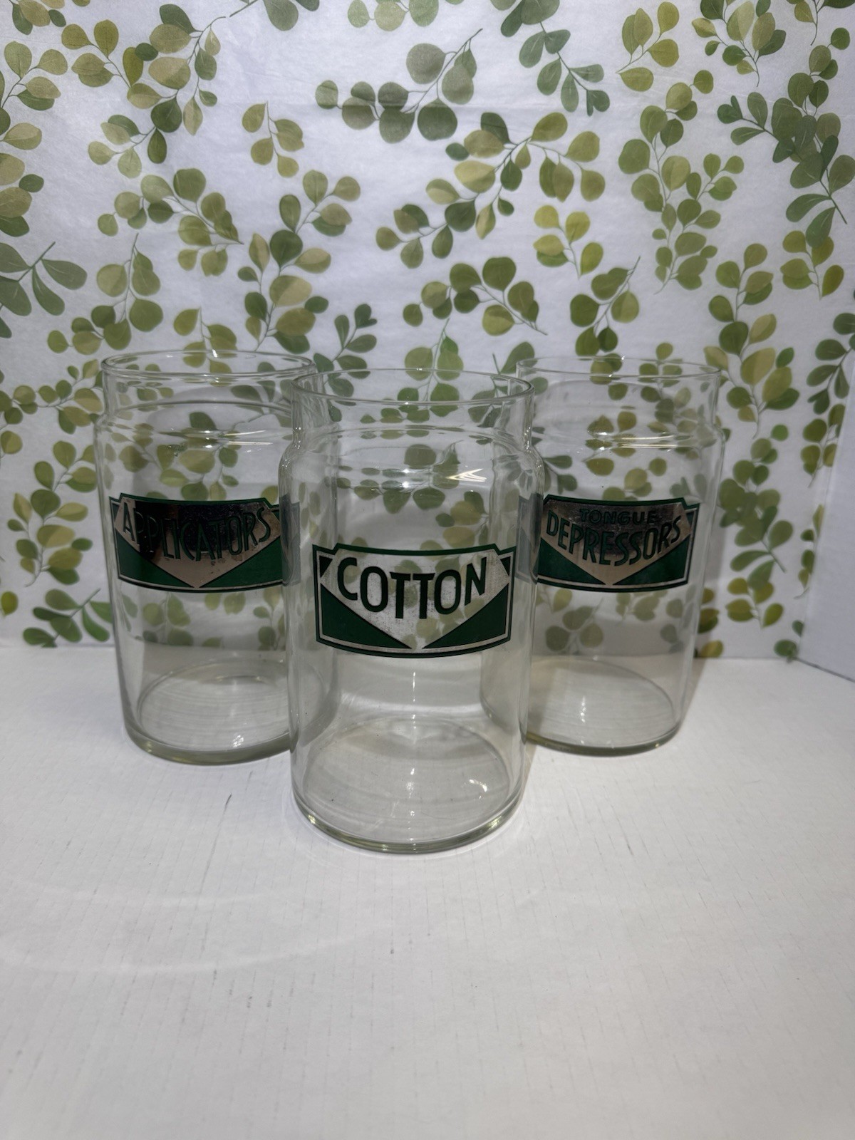 Vintage Set Of 3 Apothecary Jars Cotton Applicators Tounge Depressors Glass