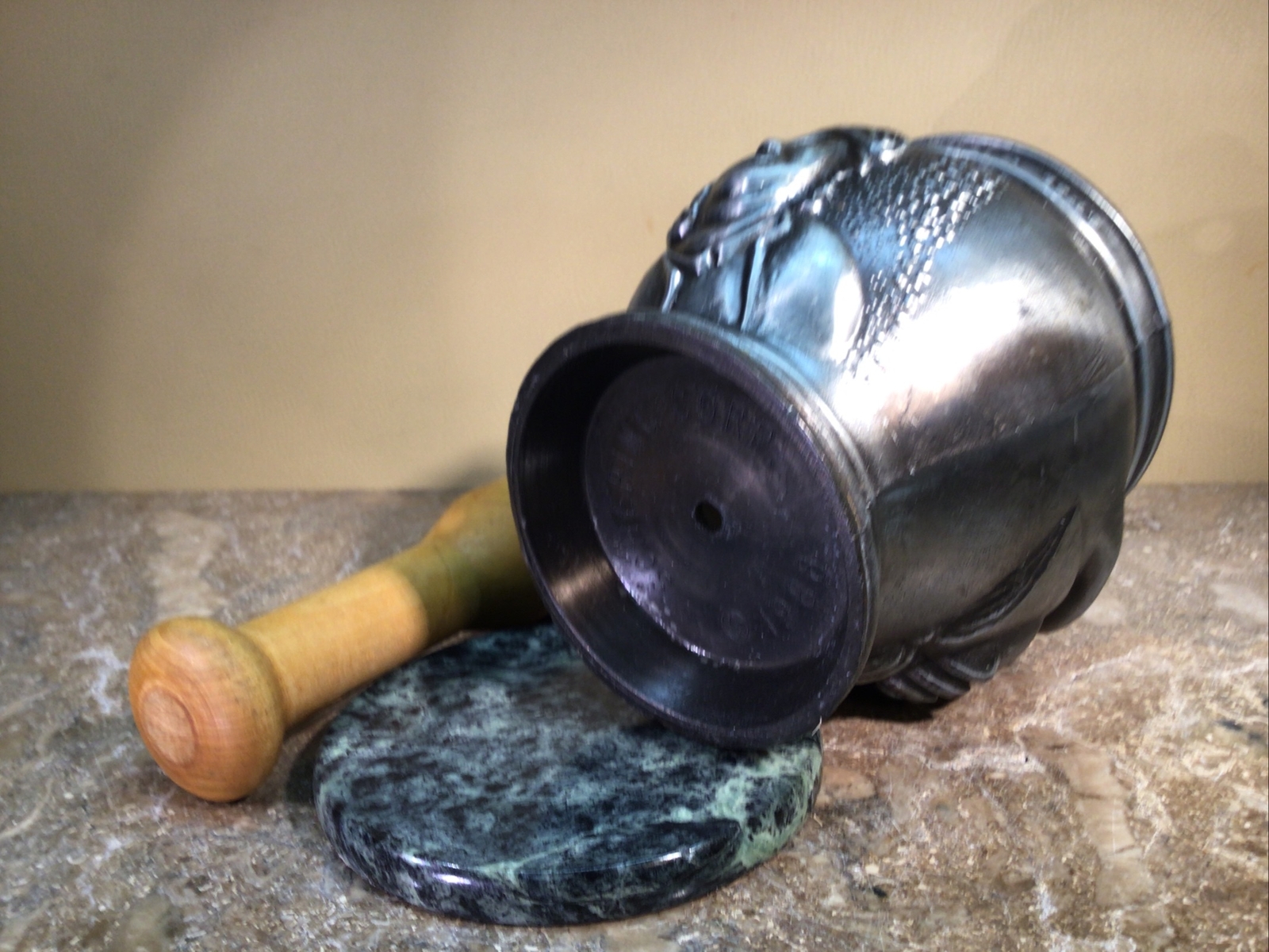 Vtg ￼Pewter￼ Mortar & Pestle Display Only By Schering Corp. On Marble Base 1988
