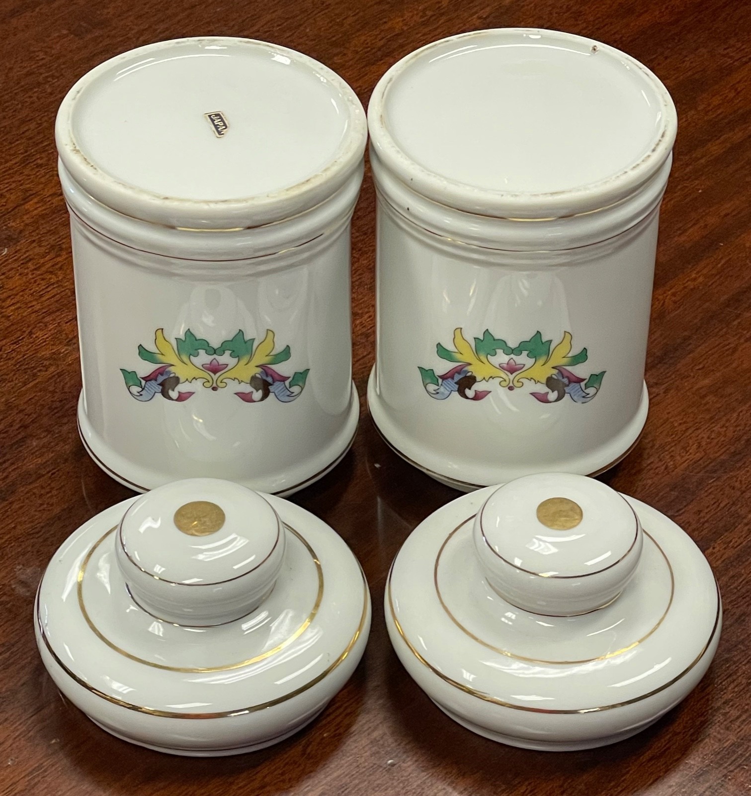 Pair Vintage Porcelain Apothecary Jar Latin Pulvis & Salsus Gold Rim DOM Japan