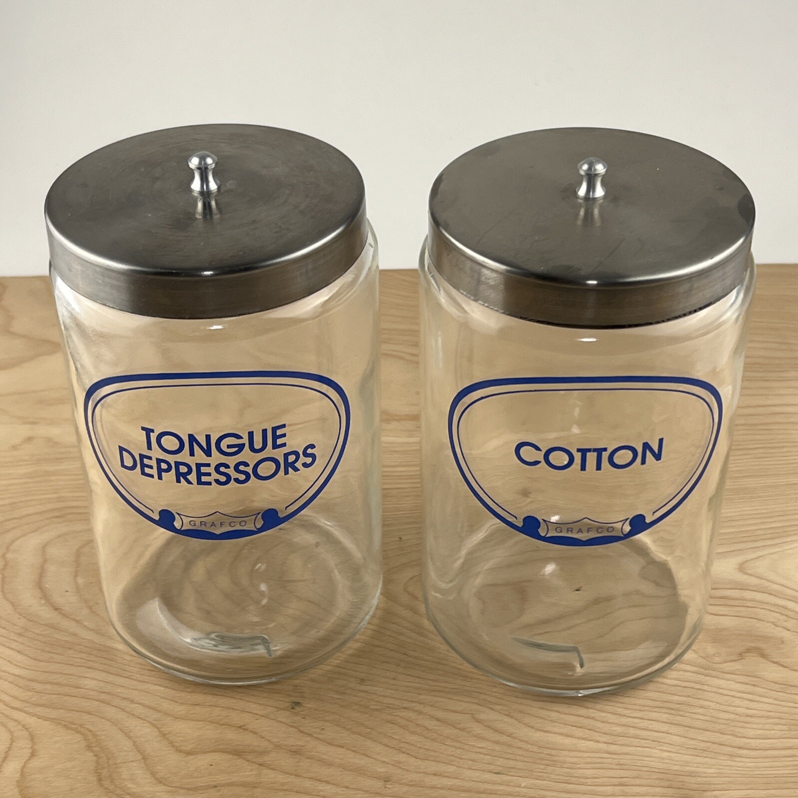 Lot 2 GRAFCO Cotton & Tongue Depressors Apothecary Medical Drs. Jars w/lids 7″