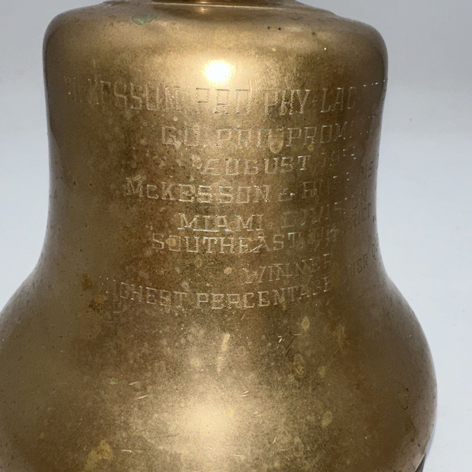 Salesmans Trophy 1954 Prophylactic Sales McKesson Robbins Brass Bell Over Quota
