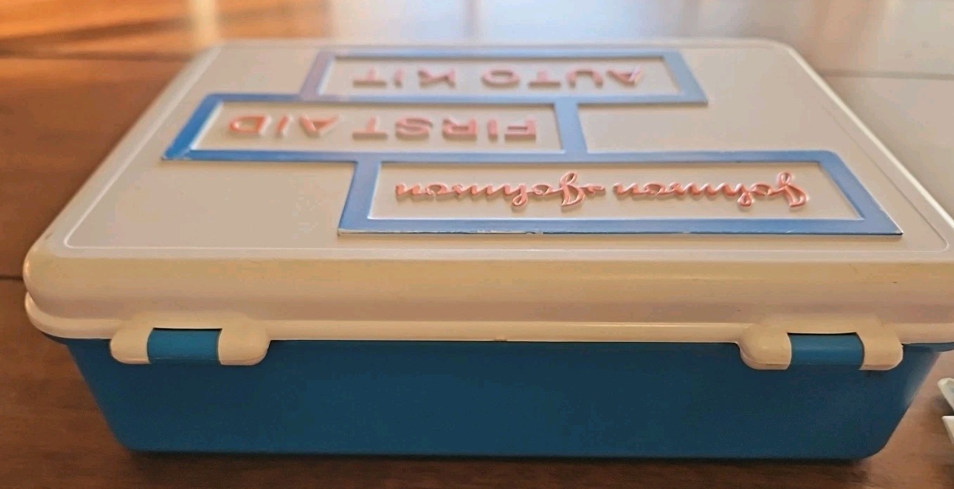 Vintage 1960s Johnson & Johnson First Aid Auto Kit Case w/ Supplies Plastic