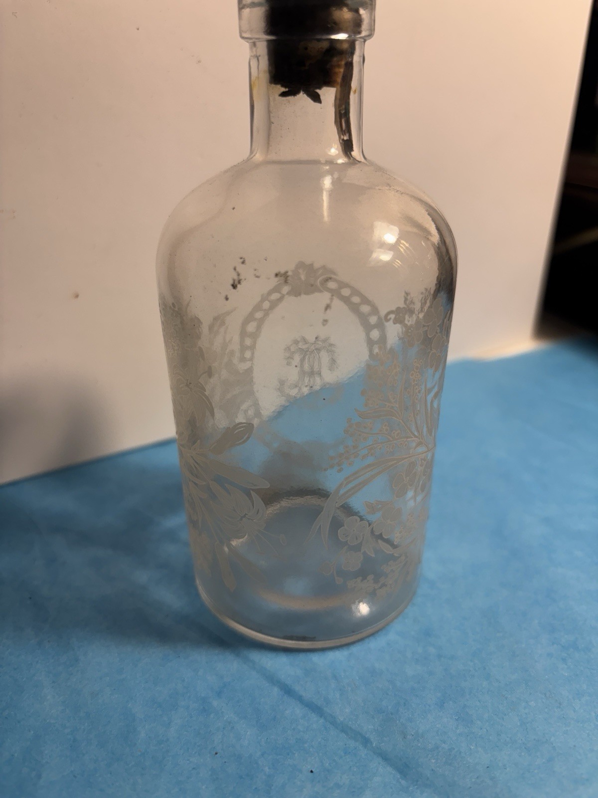 Antique French Victorian Glass Etch Decorated Monogram Apothecary Spirit Bottle