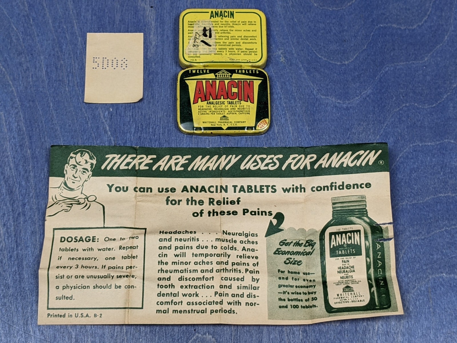 Vintage Metal Tin – Anacin Analgesic Tablets w/ Leaflet Whitehall Pharmacal NY