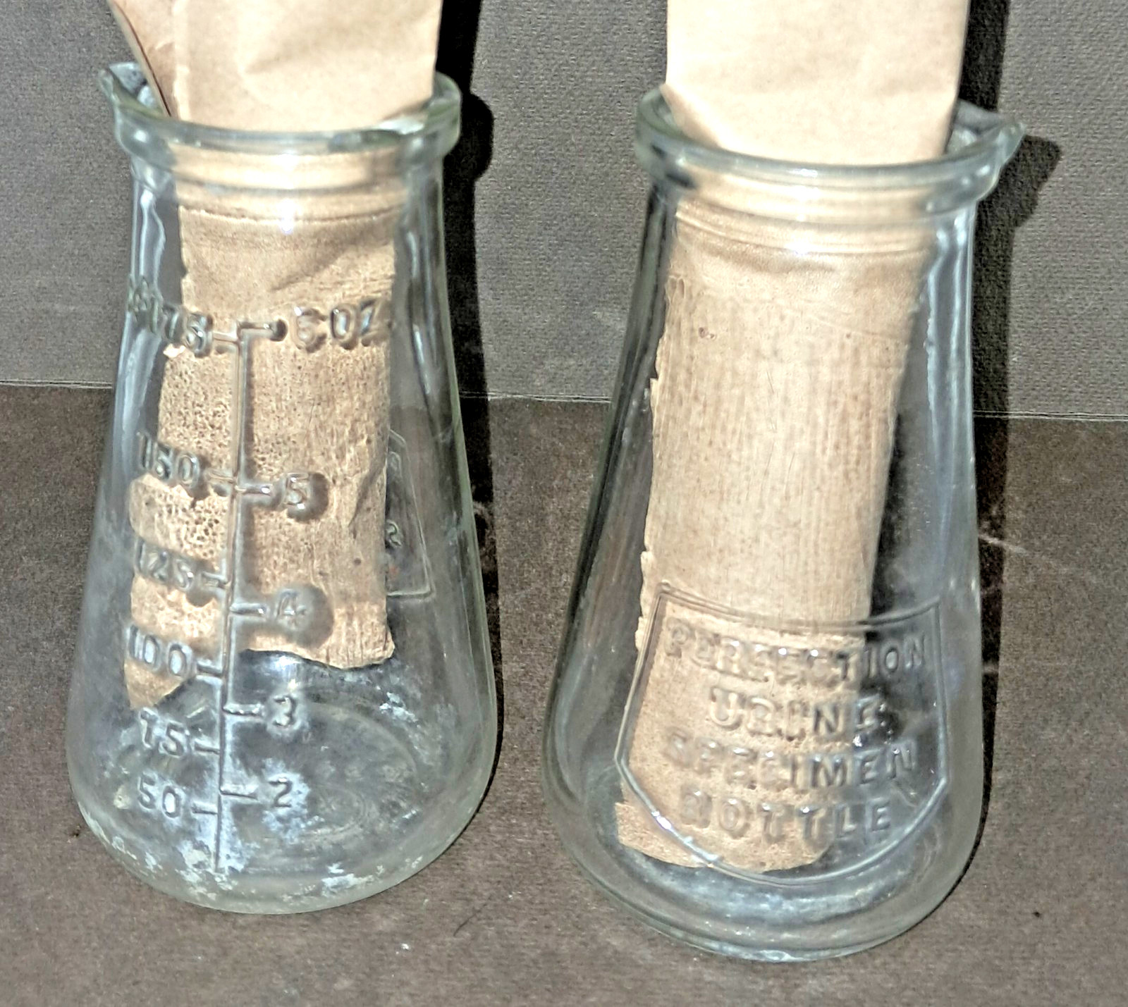 Pair of 6oz Vintage “Protex” Perfection Glass Urine Specimen Bottles 41 Stamp
