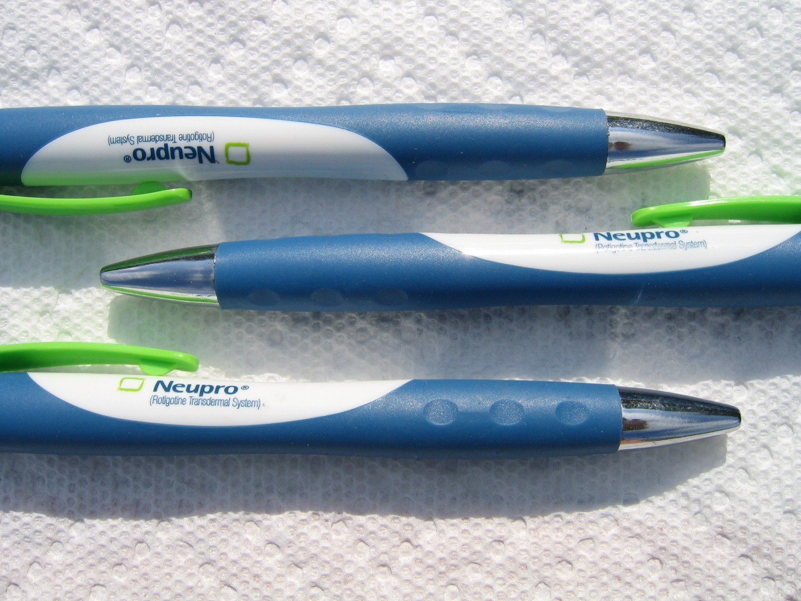 Drug Rep Pens 3 NEUPRO Rubber Coated Blue, White, Green Pretty Colors :-)