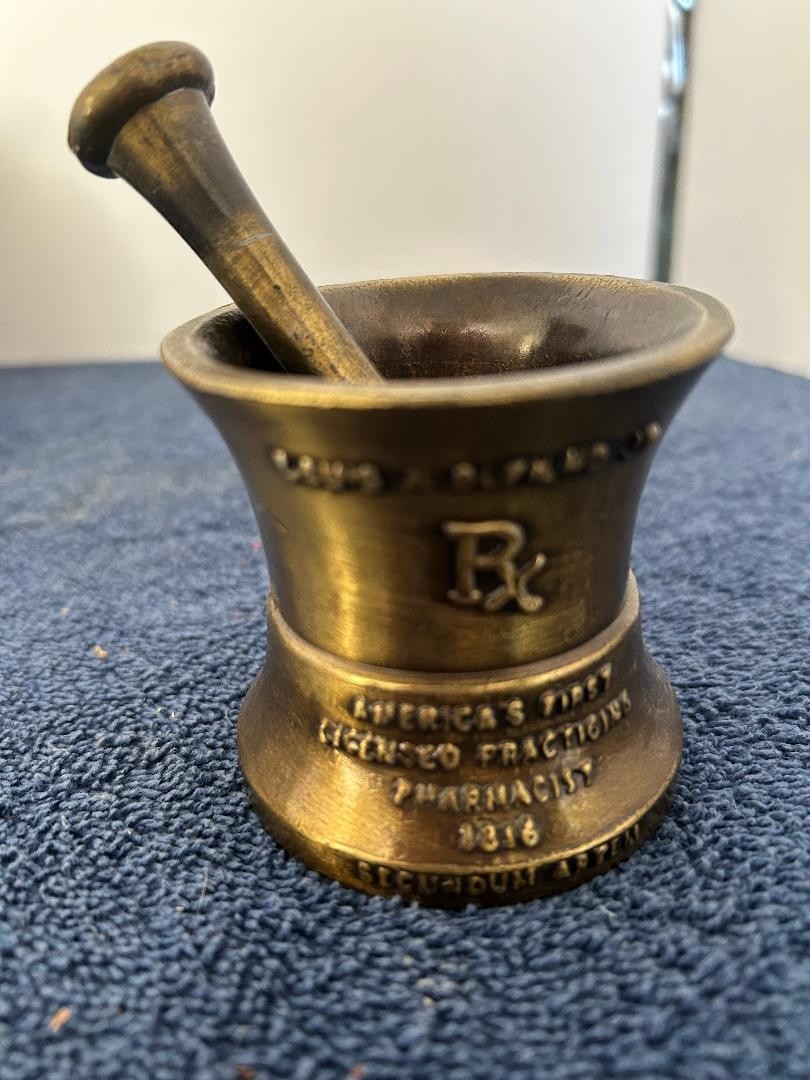 Vintage 1977 Schering Brass Mortar and Pestle 15th Edition Louis DuFilho Jr 2.5″