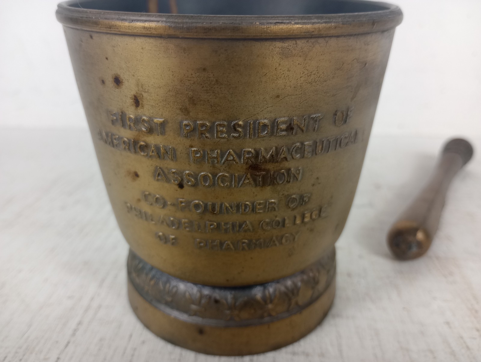 Vintage Brass Mortar Pestle Daniel B. Smith American Pharmaceutical Association