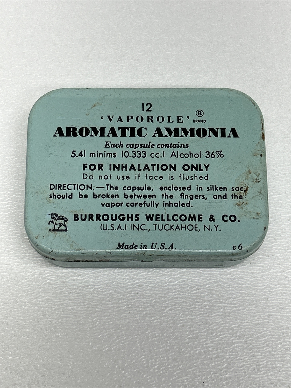 Vintage BURROUGHS WELLCOME & CO Vaporole Aromatic Ammonia Tin Can With Paper