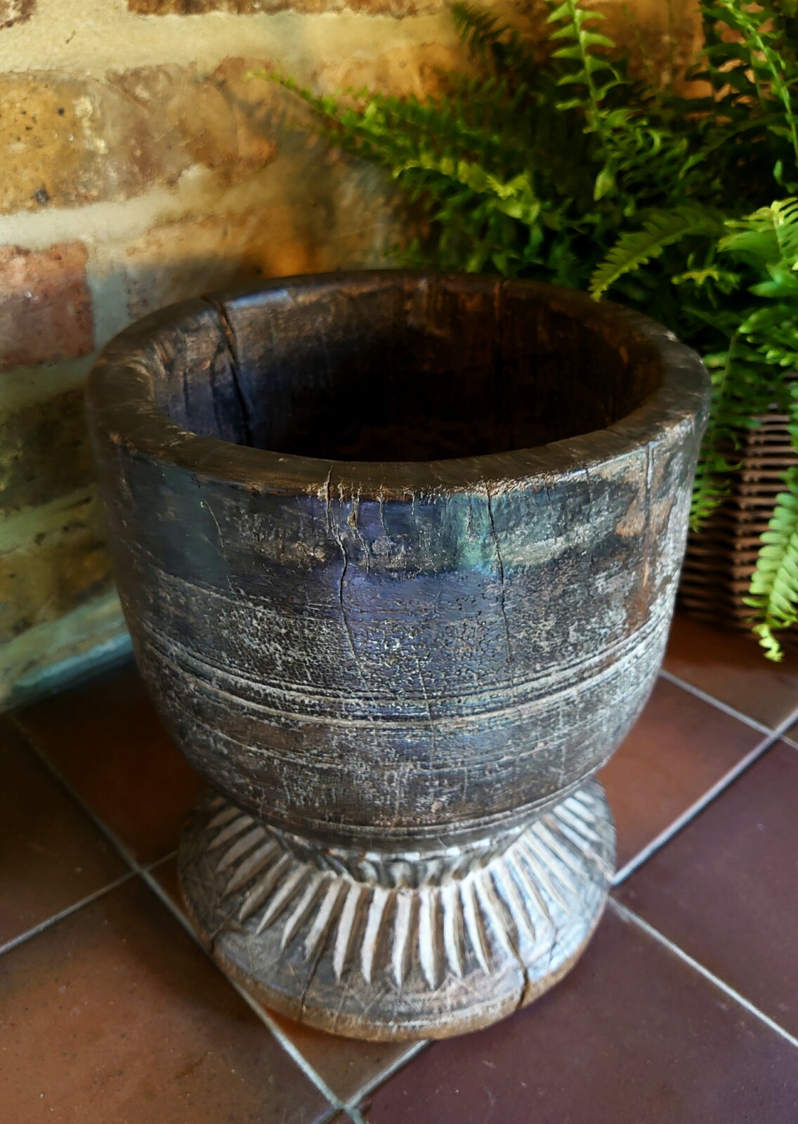 Large 17th Century apothecary hardwood mortar/Wassail Bowl? – carved detailing 