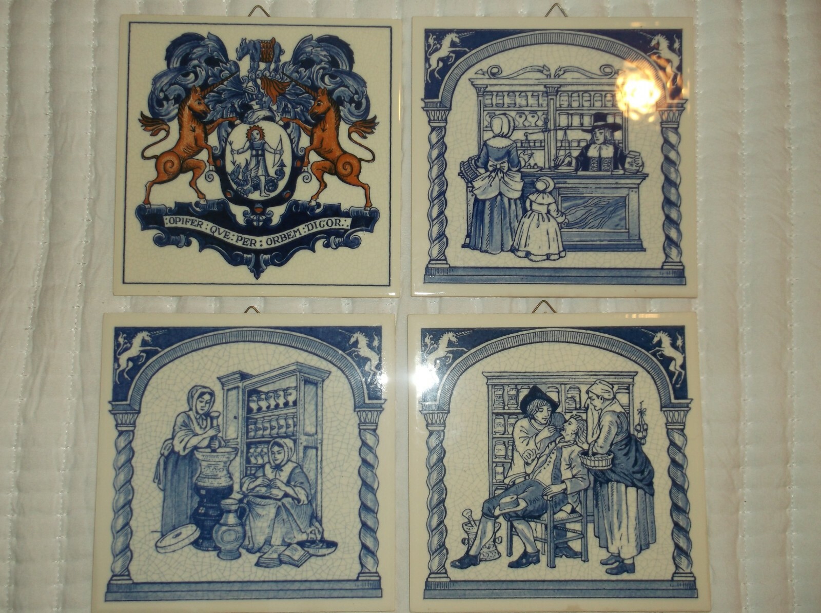 Set of 4 Vintage Delft Holland Handmade 1982, 1985, 1986, & 1988 Pill Tiles
