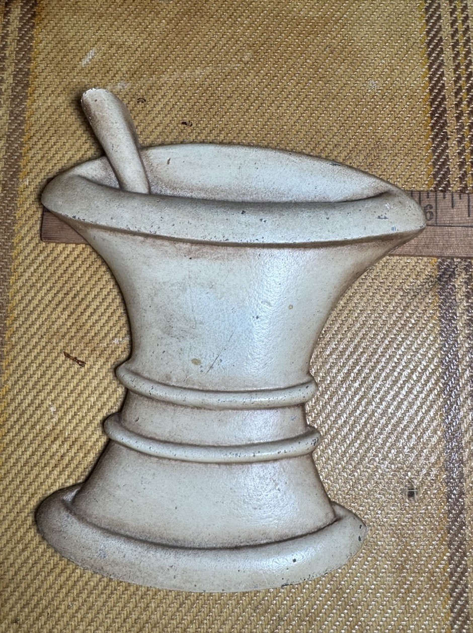 Vintage Sexton Metal Mortar and Pestle Pharmacy Sign Plaque 7″ X 6″