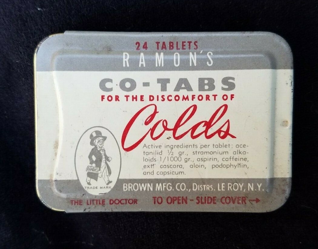 Old Medicine Tin Ramon’s Co-Tabs Cold Brown Mfg Co Le Roy NY Little Doctor NOS