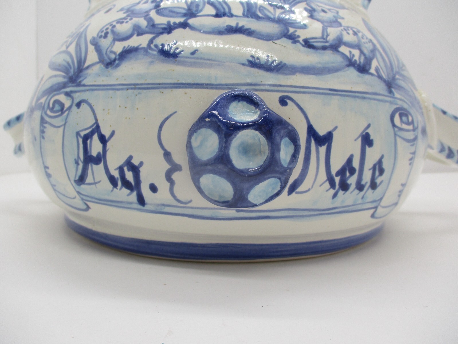Amazing Pharmacy Apothecary Jar “Aq Mele” Blue and White Hand Painted Deer