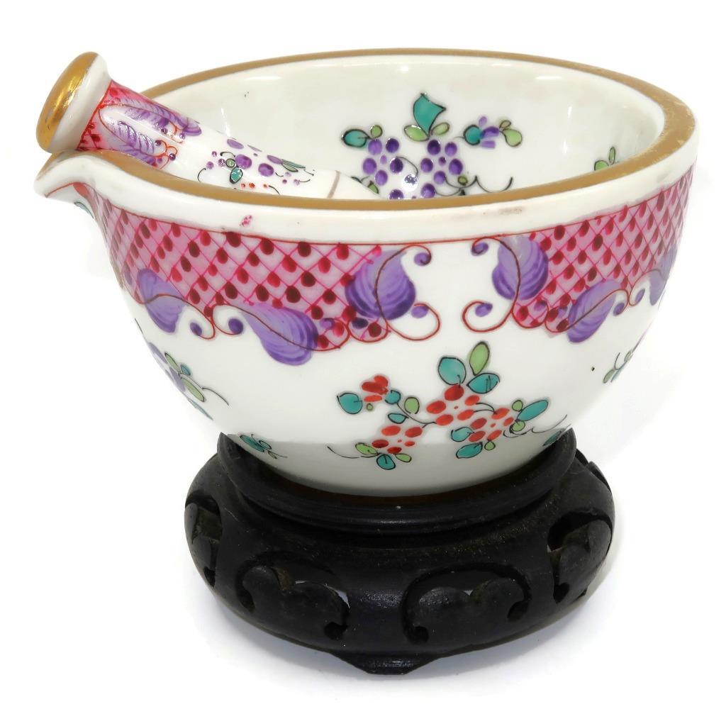 Edmé Samson Ceramics Porcelaine de Paris Imari Style Mortar & Pestle w/Stand, 4″