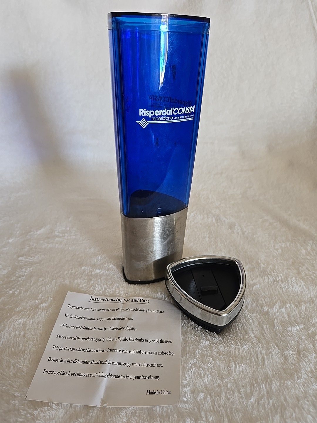 RARE Pharma Drug Rep Risperdal Travel Mug & Lid To Go Cup NEW
