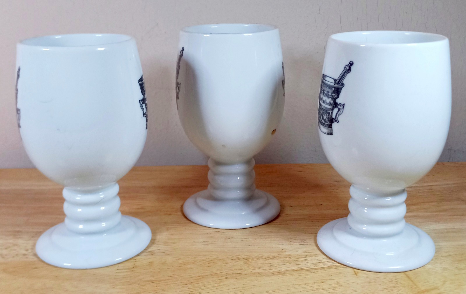 VTG Set of 3 Mortar & Pestle Medicine RX Apothecary Pedestal Mugs White EUC