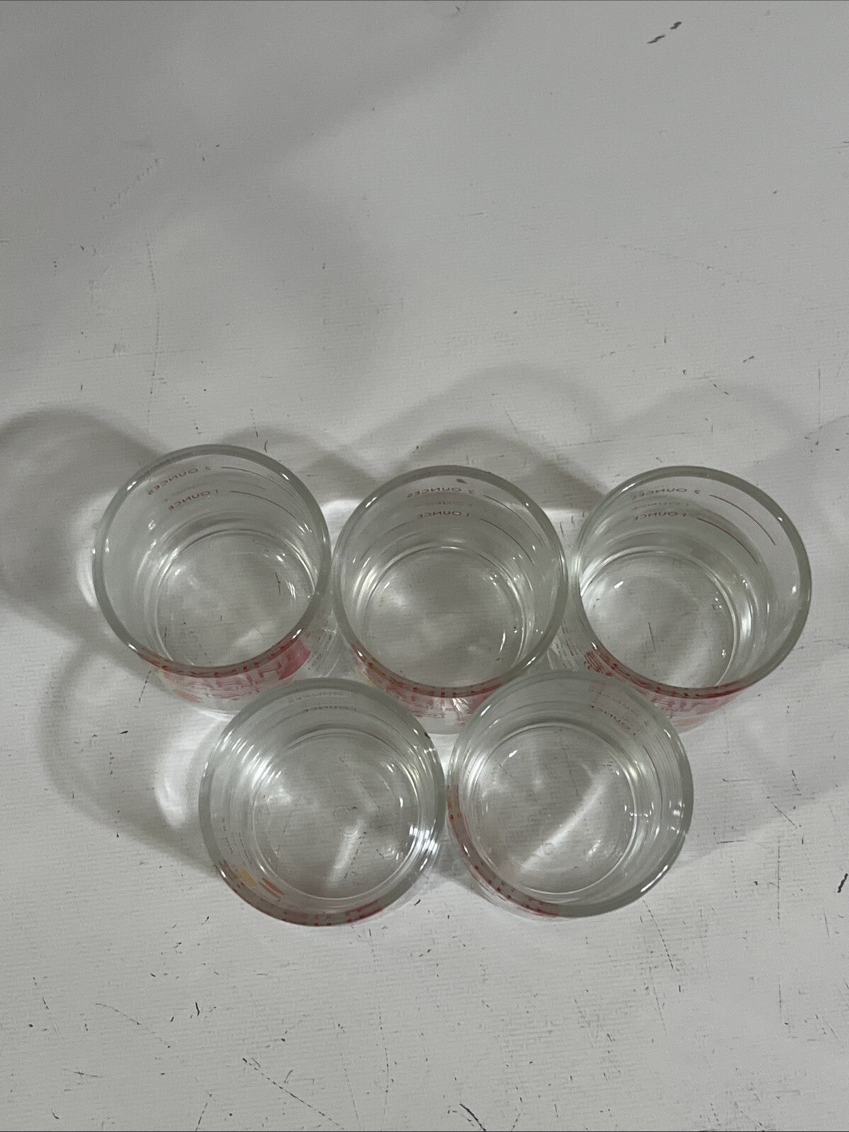 LOT OF 5 VINTAGE GLASS WYETH SPARINE MEASURING CUP 2 OZ Libbey Glass NICE