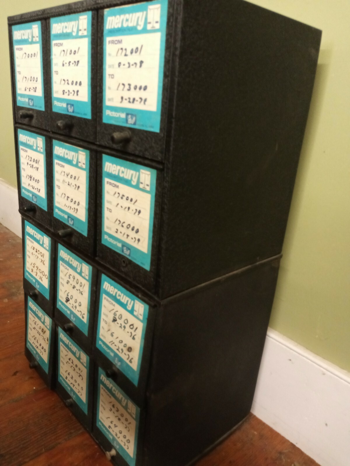 Vintage 1950s – stacking 12 compartment Pharmacy File Pill Cabinet industrial