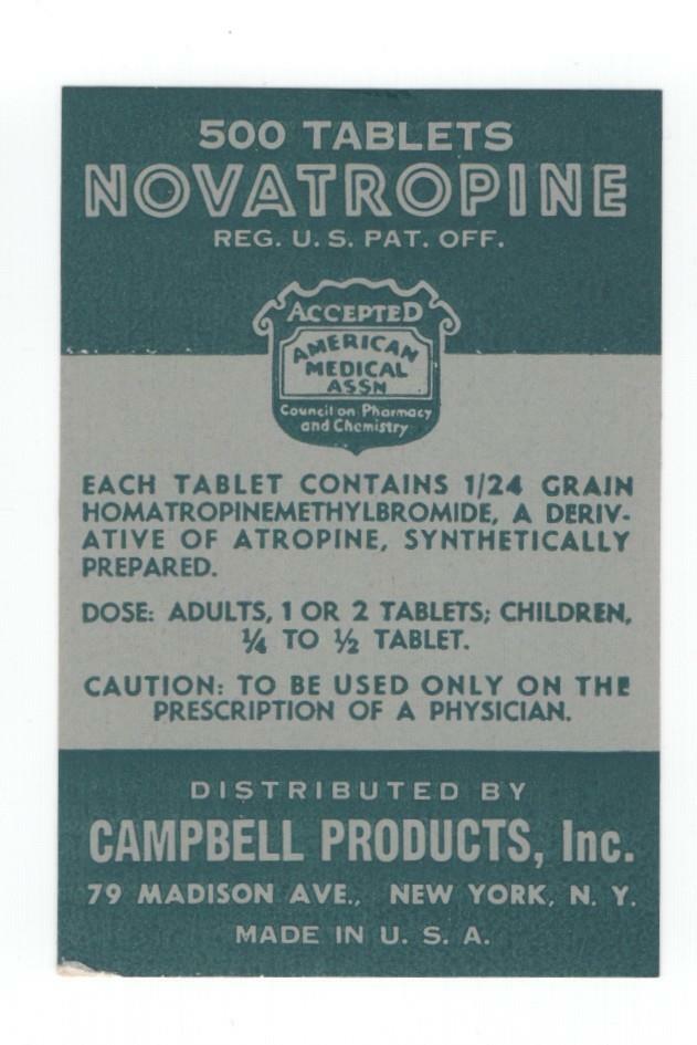 Label, Novatropine tablets, Campbell Products, New York