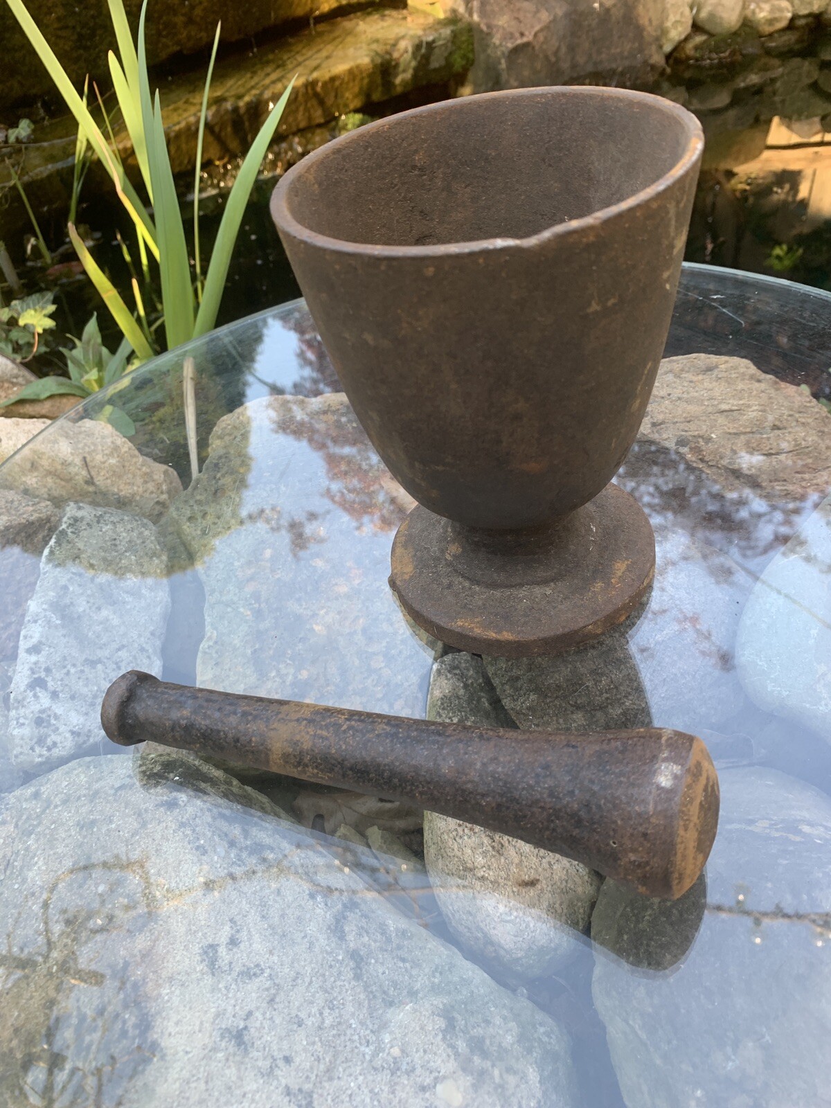 Rare Antique Primitive 19th Century Apothecary Cast Iron Mortar and Pestle Rx