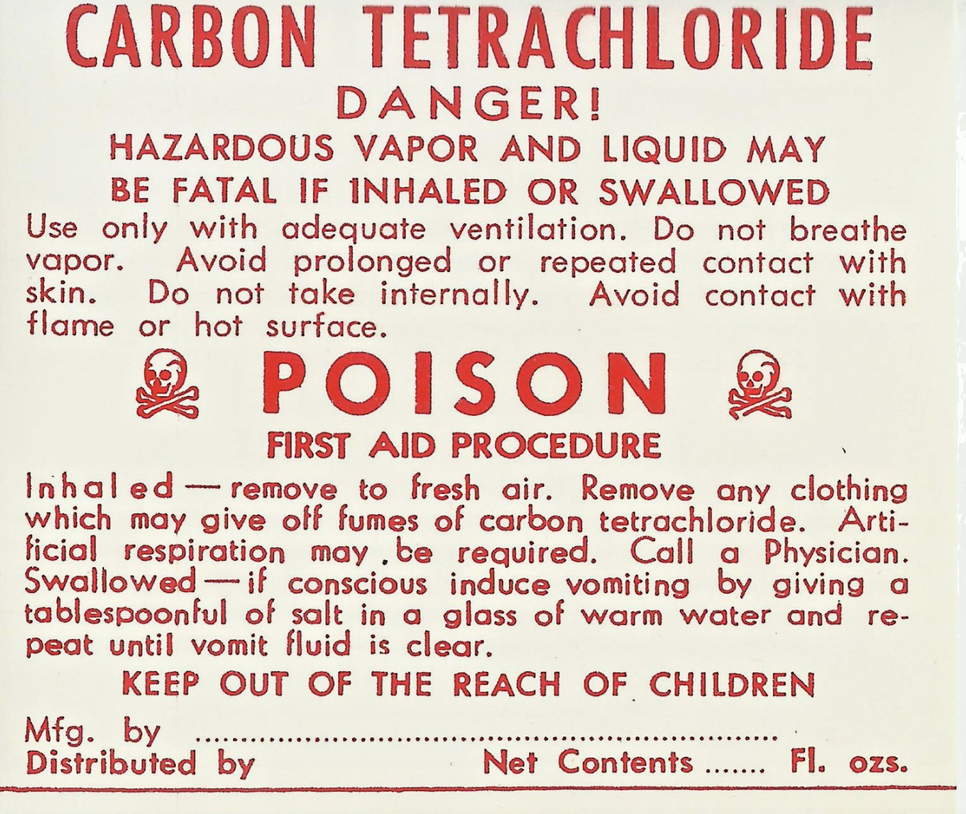 1 Vintage Pharmacy Label CARBON TETRACHLORIDE POISON Poison w/ Skull and Bones