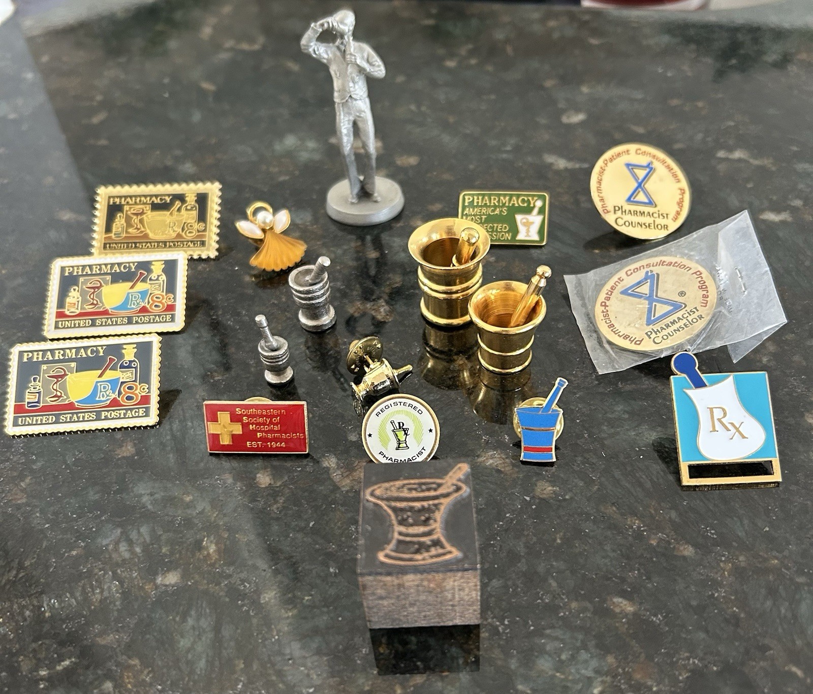 Vtg Pharmacy Pin Lot 1980 Pewter Figurine 1972 Stamp Pins Apothecary Rx Badge