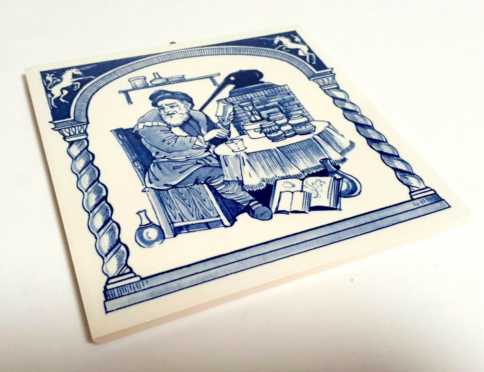 VINTAGE BLUE DELFT HOLLAND HANDMADE PILL TILE BURROUGHS WELLCOME CO. 1984
