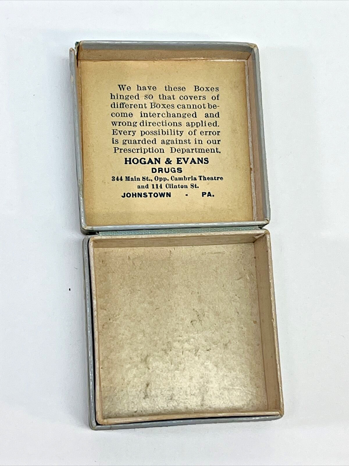 VINTAGE HOGANS DRUG STORES JOHNSTOWN, PA PHARMACY MEDICINE PRESCRIPTION BOX 2″
