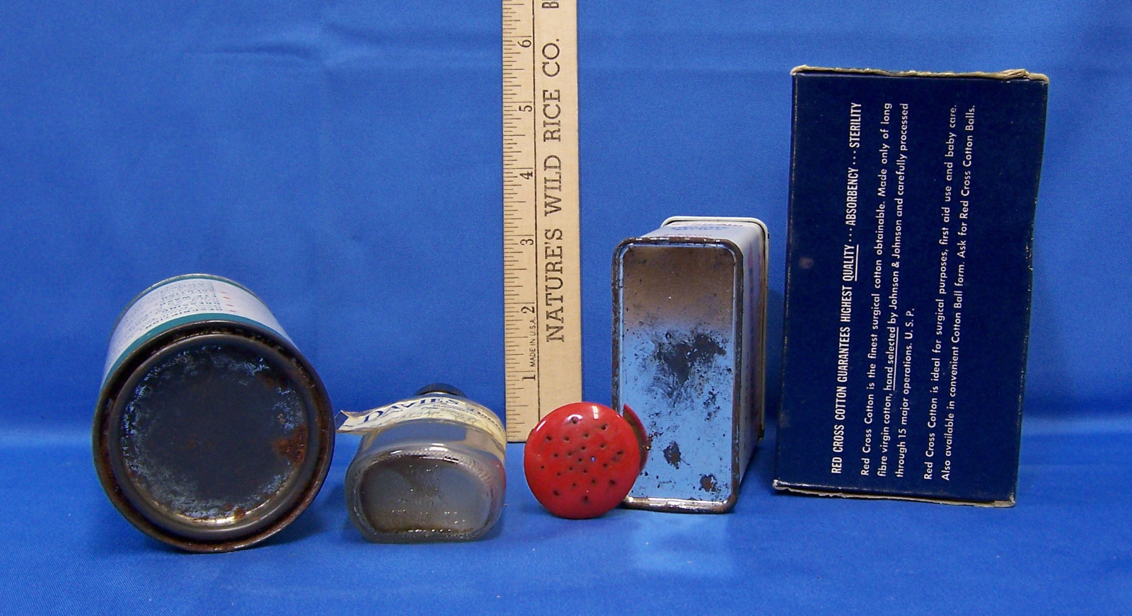 Vintage Lot 5 Medicine Containers Sassafras Band Aid Red Cross Cotton Spout Pour