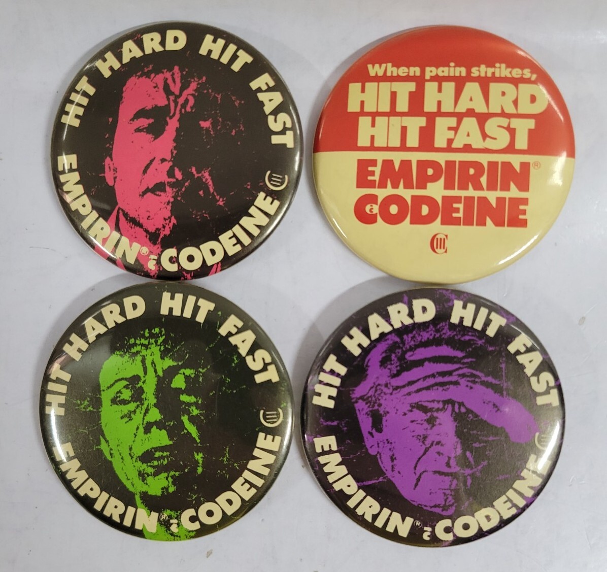 Vtg Lot of 4 Empirin Codeine “Hit Hard Hit Fast” Pharmaceutical Button/Pinback