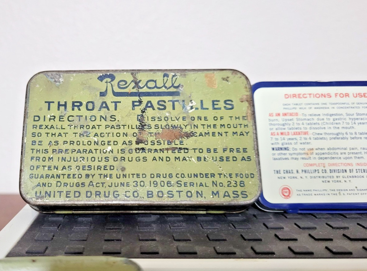 Vintage -Unique- 9 medicine advertising tins Rexall, Fixaco, Laymon’s +6
