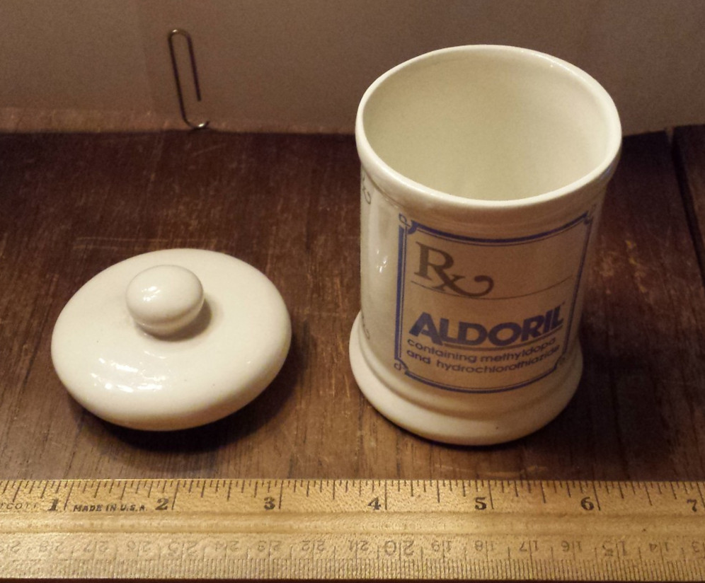 Vintage Advertising Aldoril RX Porcelain Apothecary Pharmacist Empty Jar (J34)