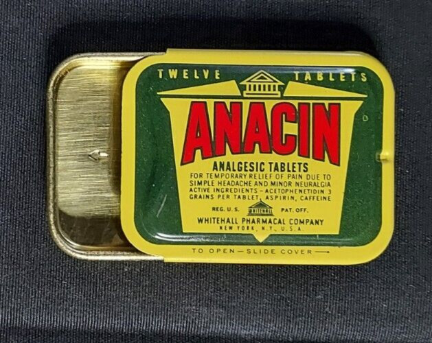 Vintage EMPTY Advertising Medicine Tin ANACIN Whitehall Pharmacal New York