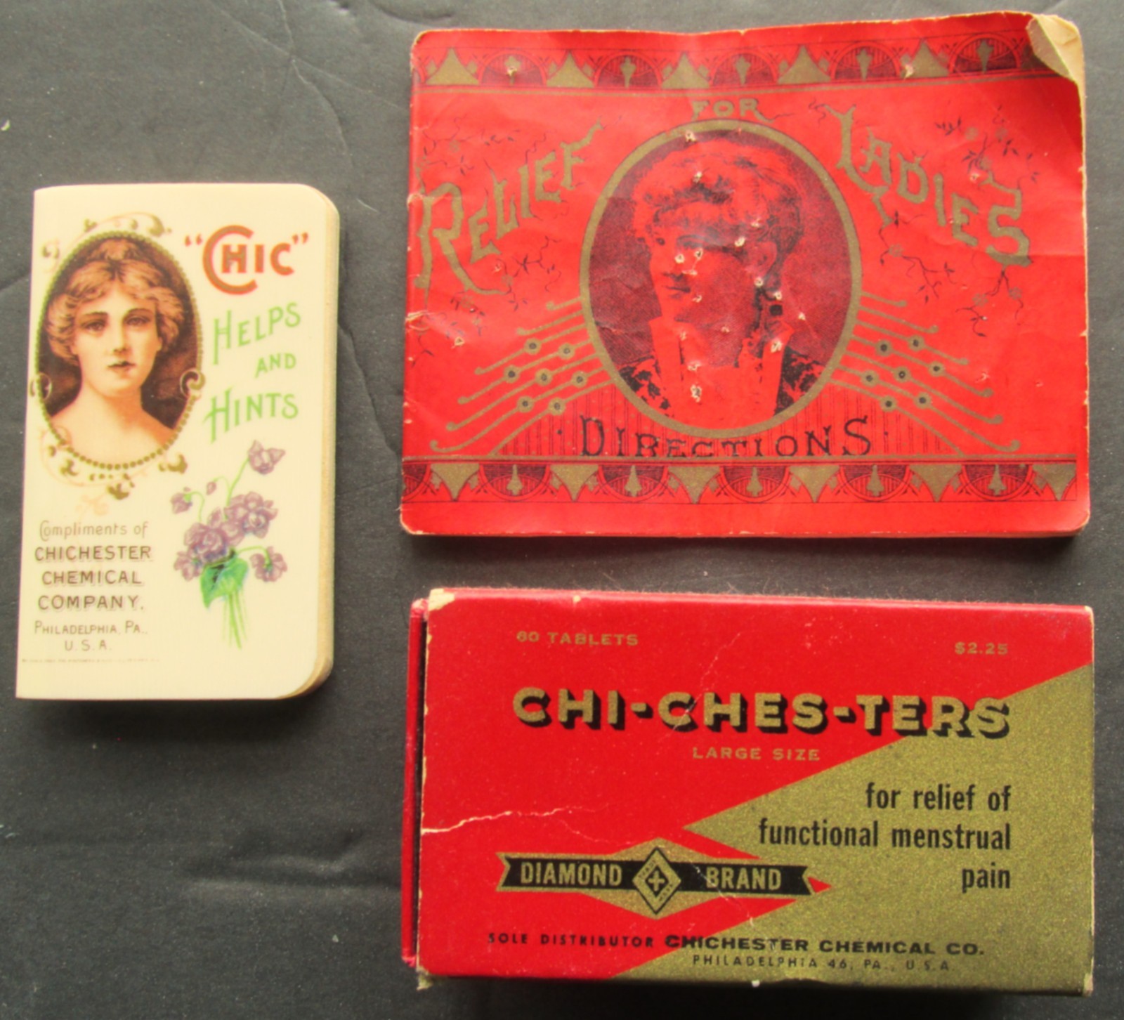 Vintage Group Of CHICHESTER Menstrual Medicine Items Booklet Box Celluloid Book