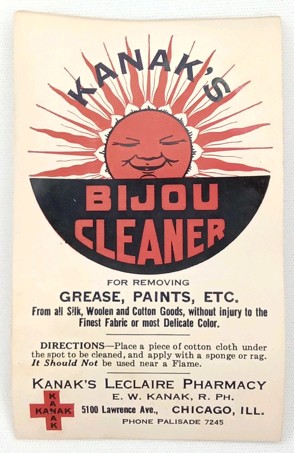 MCM Advertisement Anthropomorphic Sun Bijou Cleaner Kanak’s Pharmacy 1950s