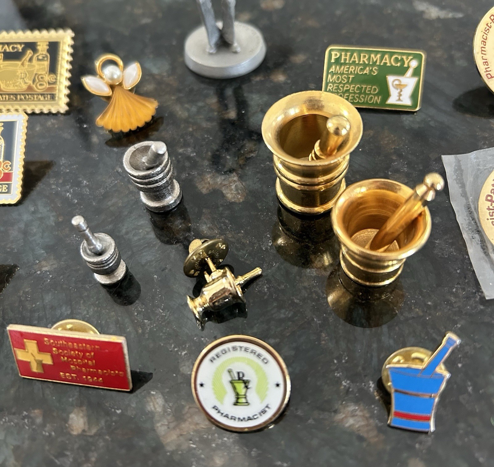 Vtg Pharmacy Pin Lot 1980 Pewter Figurine 1972 Stamp Pins Apothecary Rx Badge