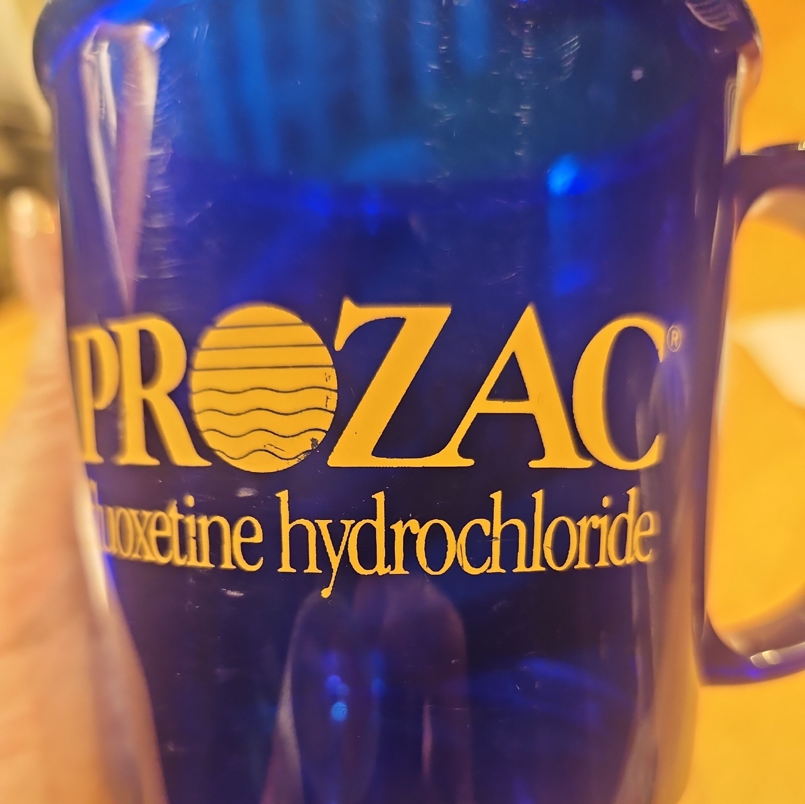 PROZAC 💊 Cobalt Blue Plastic Coffee Mug Cup Lilly 💊 Pharma Drug Advertising