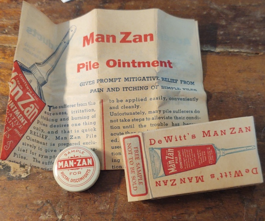 NOS vintage DeWitt’s MAN-ZAN Rectal Irritation Cream Sample Tin , Box , papers