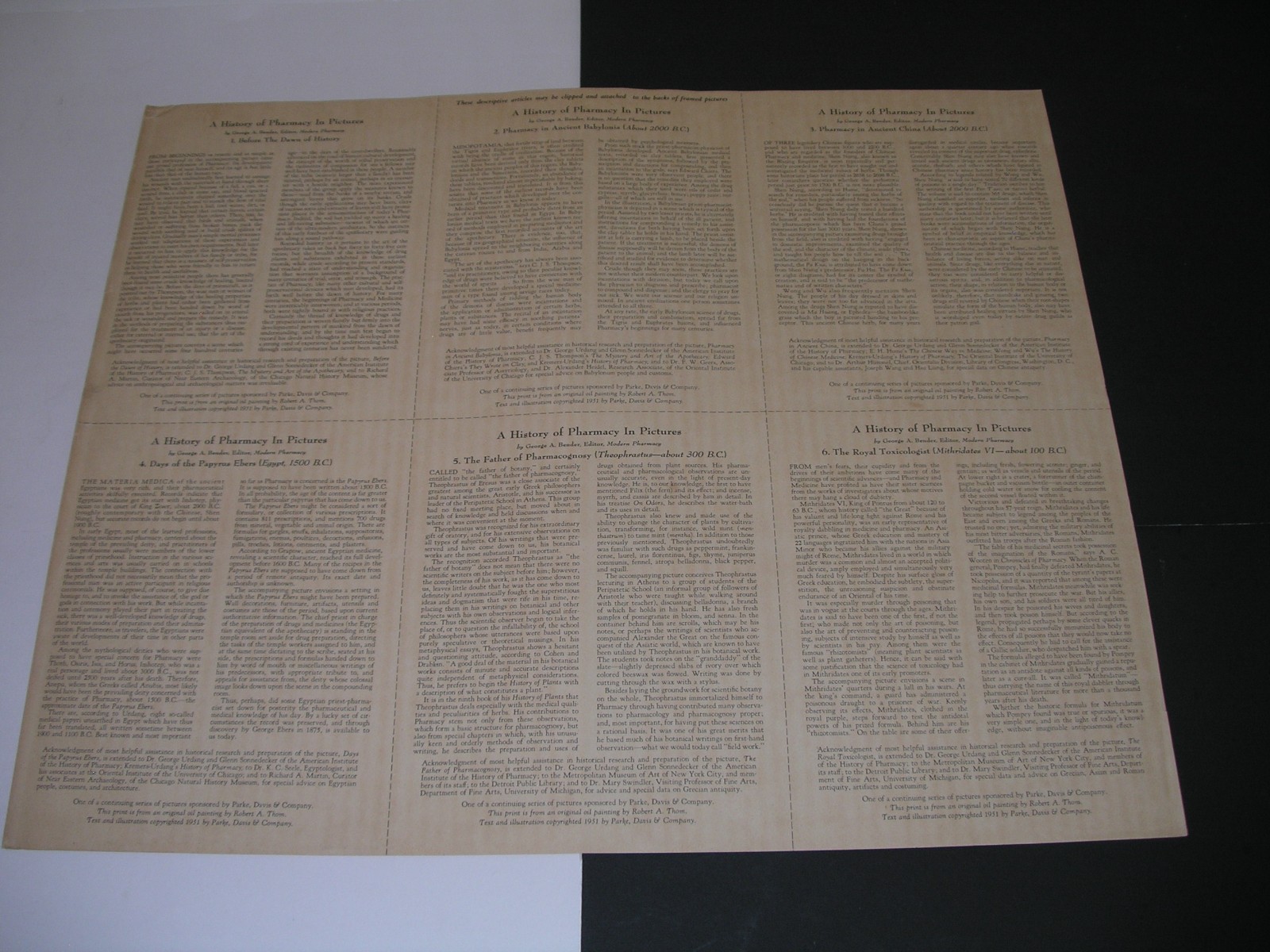 Vintage 1951 Set of 6 Parke Davis A History Of Pharmacy In Pictures Lithographs