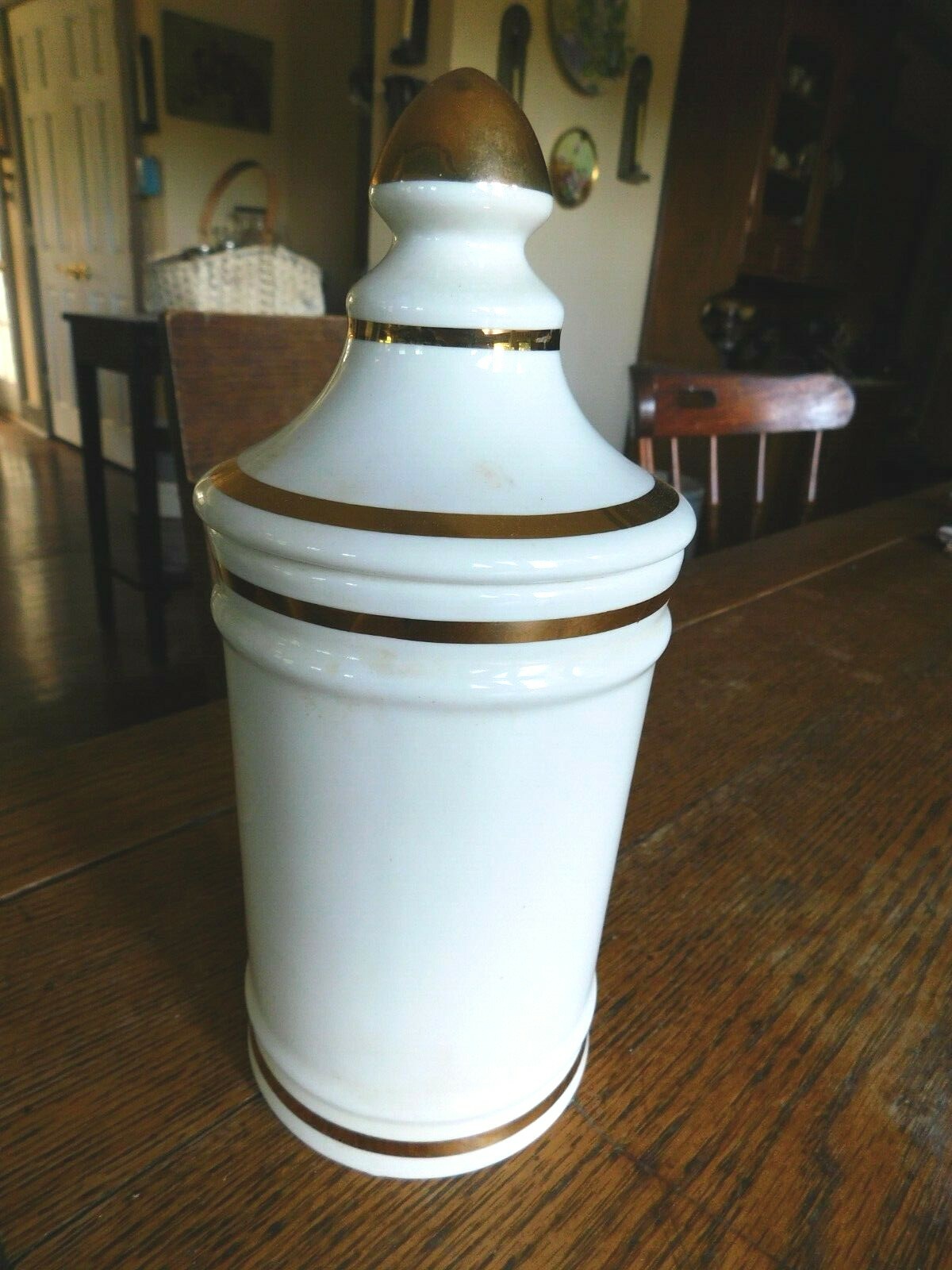Vintage Pharmacy EXT OPii Canister Jar w/ Lid-Cream & Gold Trim-Owens Glass IL