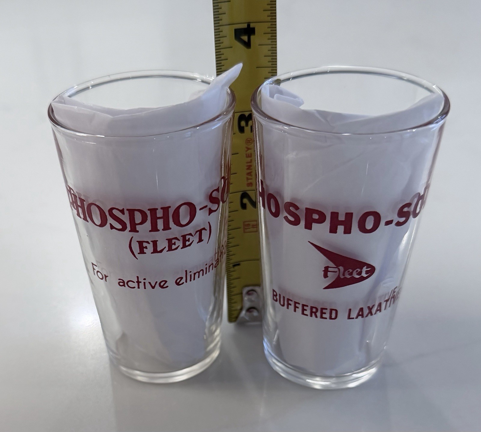 Two Small VINTAGE ADVERTISING MEASURING Glass FLEET LAXATIVE PHOSPHO-SODA