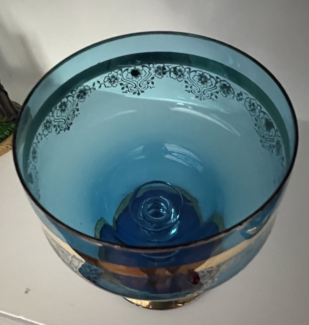 Vintage Azure Blue Handblown Glass Apothecary Jar w Lid 22K Gold