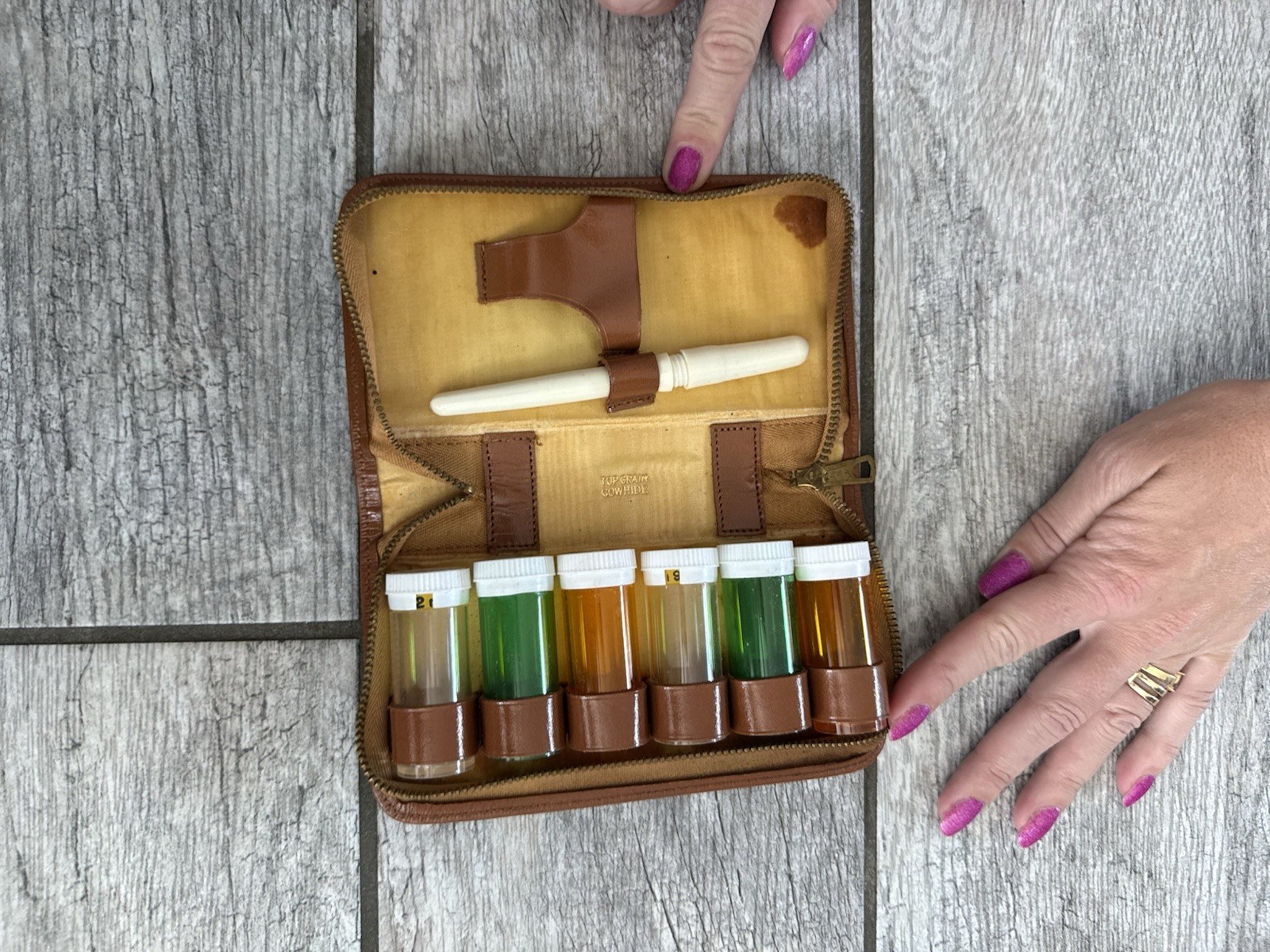 Vintage Leather Apothecary / Medical Sample Travel Kit Cowhide Vial Case 50s 60s