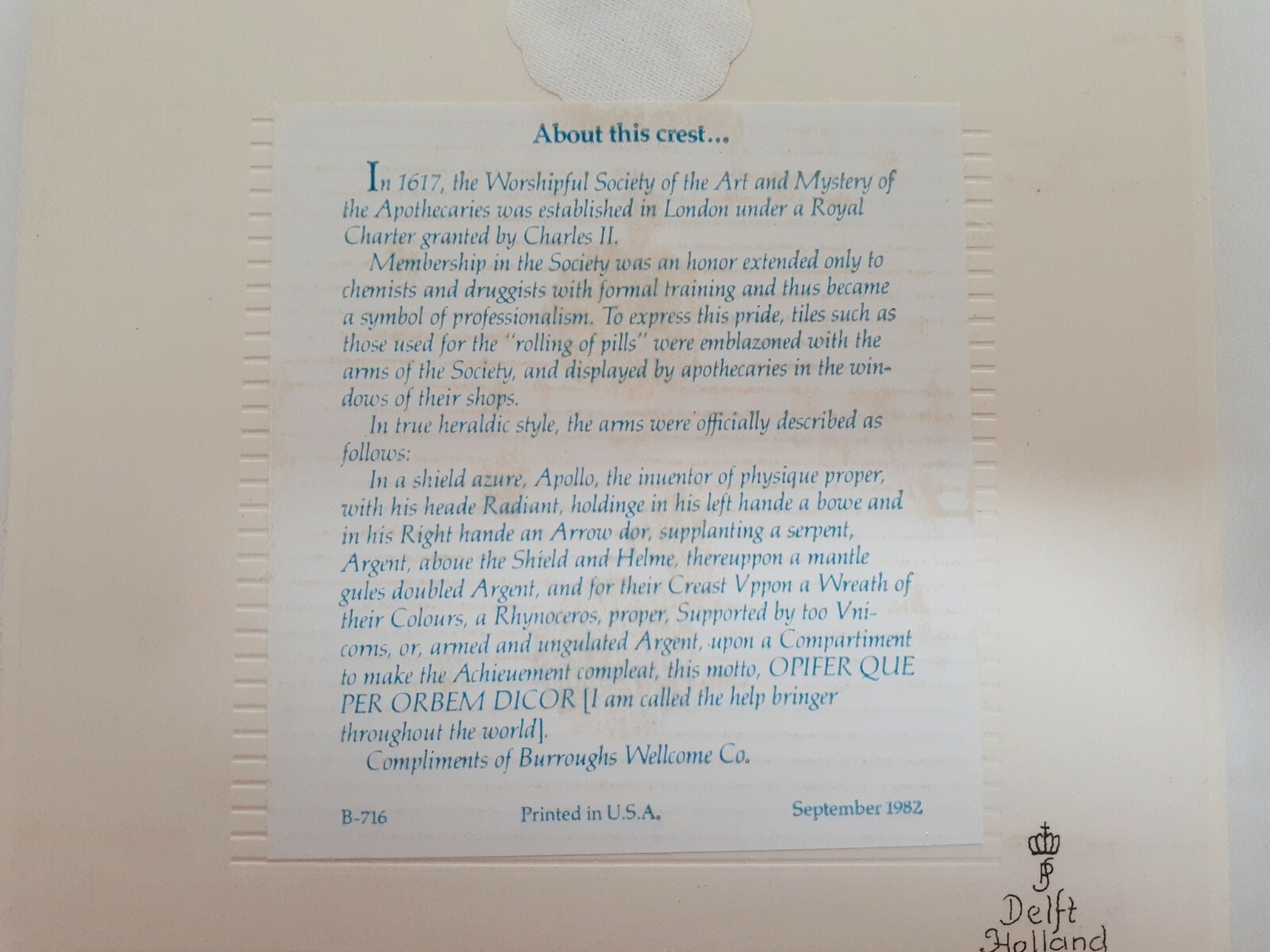 BLUE DELFT HOLLAND HANDMADE PILL TILE BURROUGHS WELLCOME CO. 1982 ORIGINAL BOX!