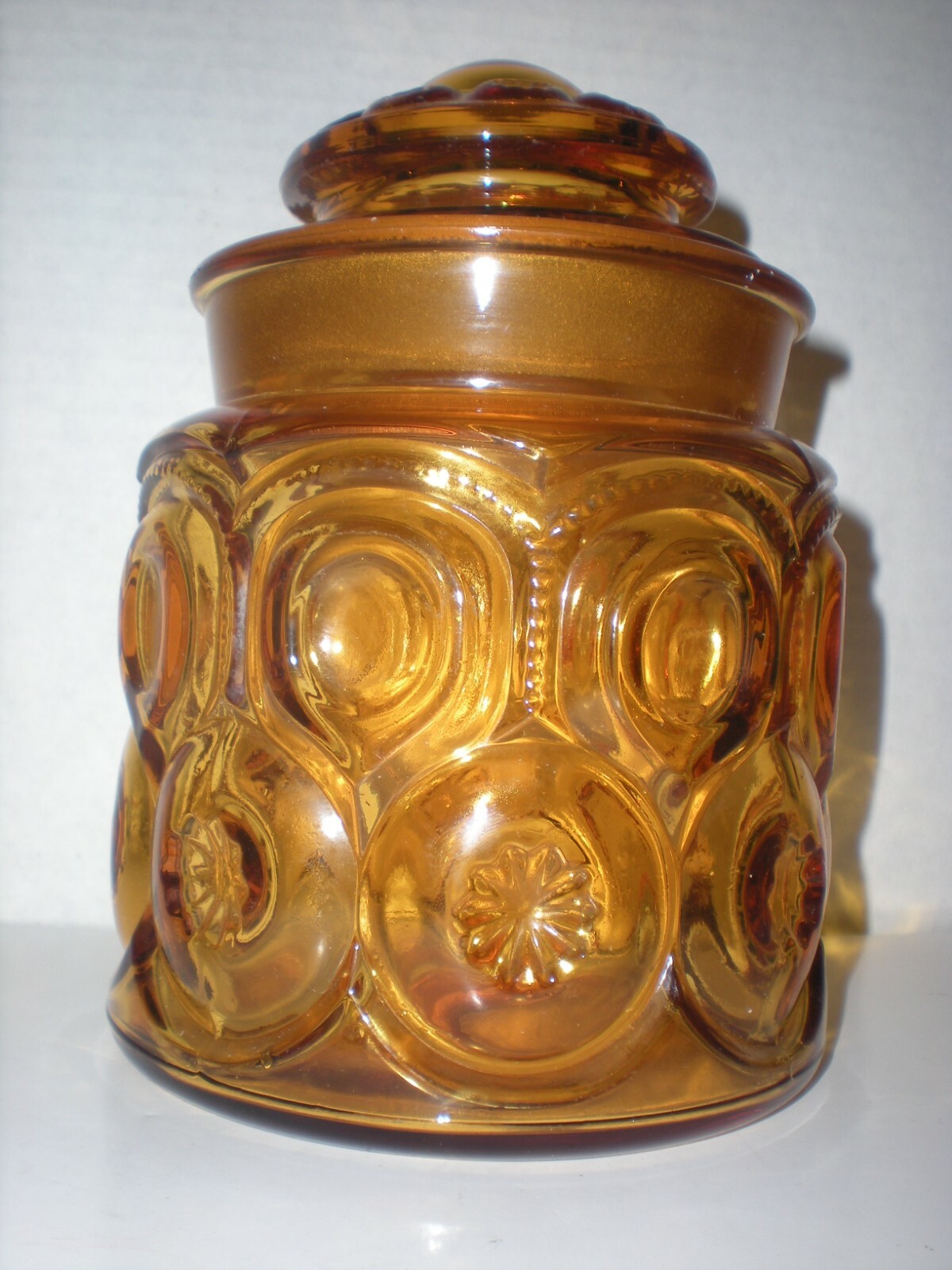Vintage Amber Yellow Moon & Star Glass Canister Apothecary Jar 7″ LE Smith