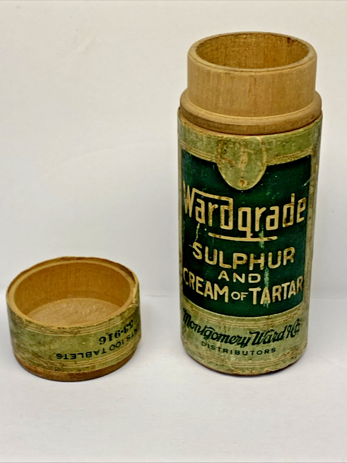 VINTAGE WARDGRADE SULPHER & CREAM OF TARTAR WOOD CONTAINER MONTGOMERY WARD
