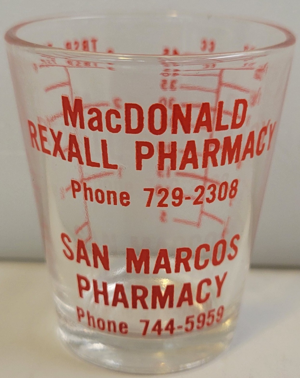 Vtg SAN MARCOS/CARLSBAD California REXALL PHARMACY Measuring DOSE Shot GLASS Cup